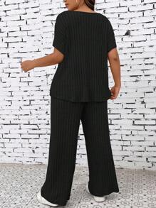 SHEIN LUNE Plus Batwing Sleeve Tee & Wide Leg Pants - Black - View 2