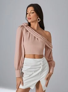 SHEIN Privé Cổ không đối xứng Chi tiết Ruched Áo sơ mi Crop - Hồng - Xem 4