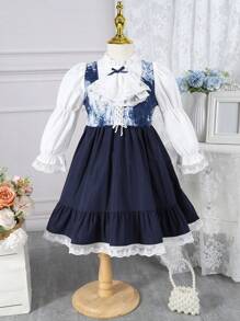 SHEIN 女小童喇叭袖荷葉邊假兩件洋裝 - 彩色 - 查看 7