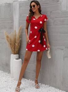 SHEIN LUNE Polka Dot Print Knot Side Notched Neckline Dress - Multicolor - View 4