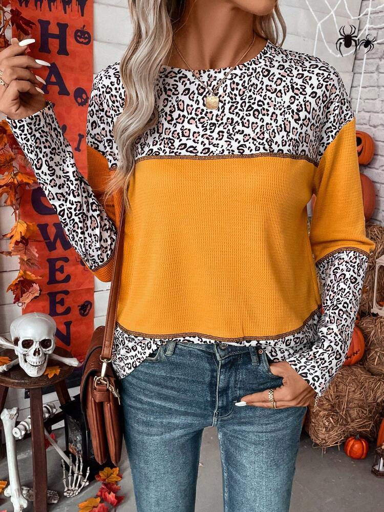 SHEIN LUNE تي شيرت منخفض الاكتاف طباعة الفهد - لون برتقالي - مشاهدة 3