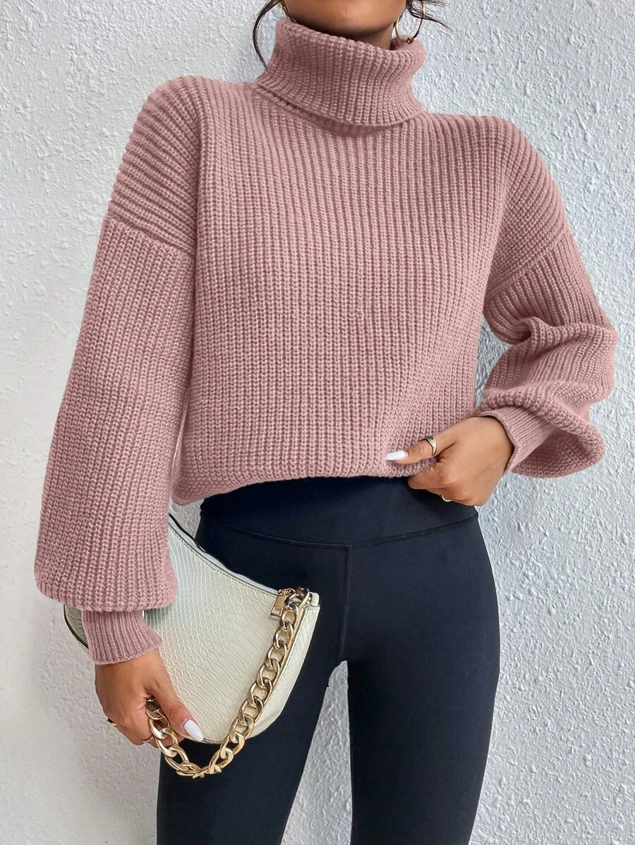 Celisse Turtleneck Drop Shoulder Knit Pullover Fall Winter Sweater - Dusty Pink - View 1