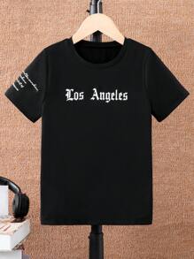 SHEIN Teenager Boys' Casual Street Chic Black Letter Print Short Sleeve T-Shirt, Suitable For Leisure & Sports Wear - Black - View 2