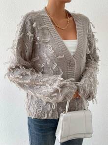 SHEIN LUNE Fringe Trim Drop Shoulder Duster Cardigan - Khaki - View 6