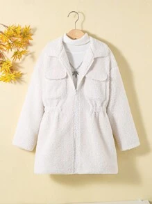 SHEIN Tween Girl 1pc Flap Pocket Drop Shoulder Teddy Coat - White - View 1