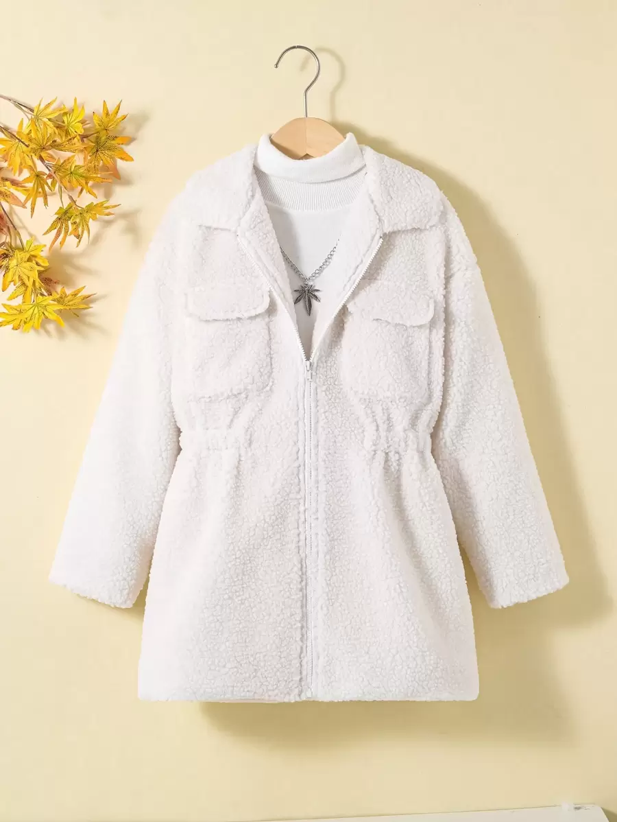 SHEIN Tween Girl 1pc Flap Pocket Drop Shoulder Teddy Coat - White - View 1