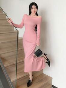 DAZY Solid Asymmetrical Neck Mermaid Hem Dress - Pink - View 3