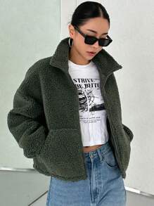 DAZY 拉鍊式下垂肩泰迪外套 - 綠色 - 查看 4