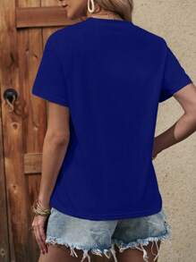 SHEIN LUNE Camiseta con estampado floral de cuello redondo - azul real - Ver 2