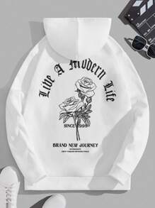 Manfinity RebelGame 男士寬鬆版型花卉和口號圖案印花帽衫,配有束繩 - 白色 - 查看 1