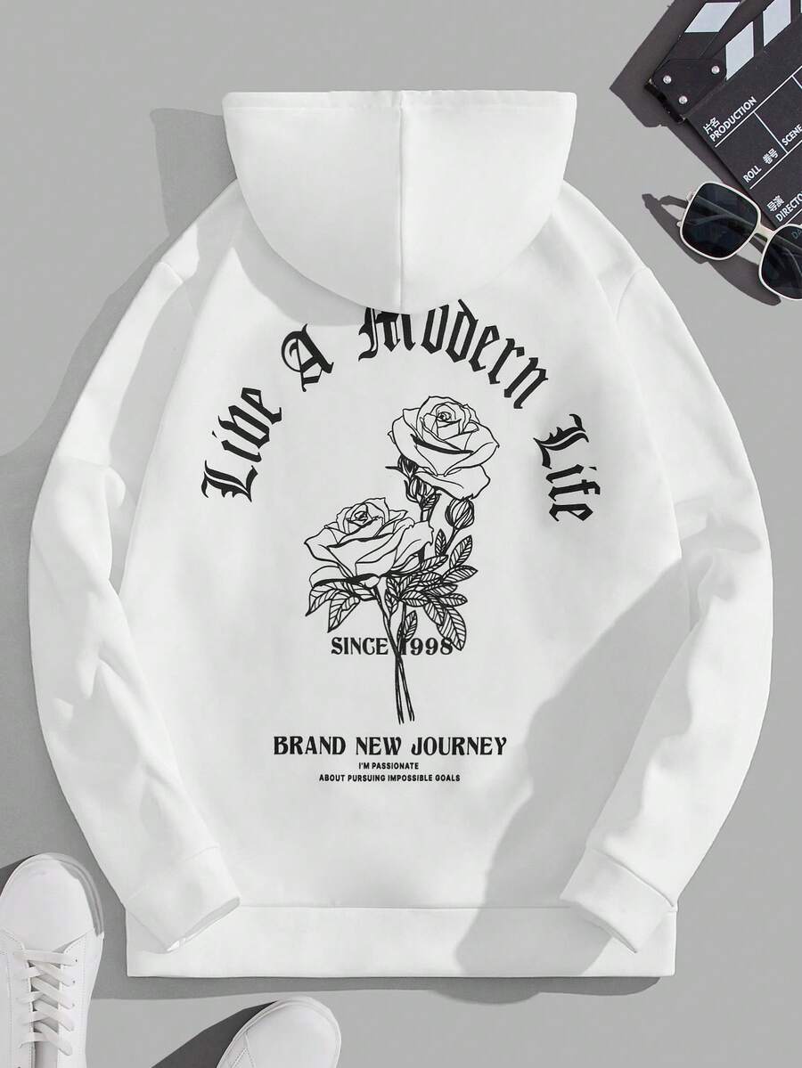 Manfinity RebelGame 男士寬鬆版型花卉和口號圖案印花帽衫,配有束繩 - 白色 - 查看 1