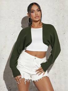 SHEIN SXY Batwing Sleeve Open Front Crop Cardigan In Fall/Winter - Army Green - View 3