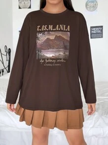 SHEIN EZwear Plus Mountain & Slogan Graphic Drop Shoulder Tee - Apricot - View 3