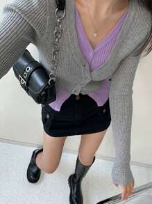 DAZY 拼色纽扣前开襟短款二合一开衫，秋季女装 - 灰色 - 查看 4