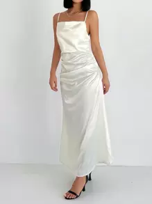 EURMUSE Solid Ruched Side Cami Dress - Apricot - View 6