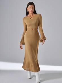 SHEIN Privé 優雅挖空 揉皺 荷葉邊純色女士毛衣連衣裙