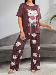 SHEIN Plus Cartoon & Letter Graphic Tee & Pants PJ Set / Pajama Set - Multicolor - View 4