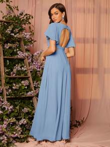 SHEIN Belle 荷叶边袖开叉大腿伴娘礼服优雅正式晚会舞会婚礼宾客礼服，适合毕业典礼、晚宴派对礼服 - 霧霾藍 - 查看 2