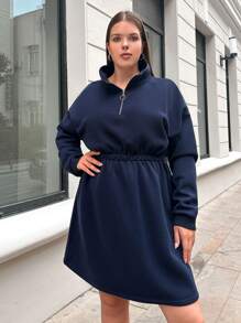 RueChic Plus Half Zip Drop Shoulder Dress - Navy Blue - View 4