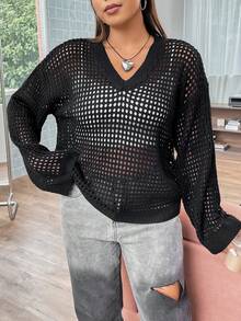 Flirla Hơn Thả vai Đan Mở Áo len Không có áo ngực - Màu xám đen - Xem 5