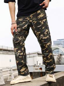 Manfinity EMRG Loose Fit Men's Camouflage Print Straight Leg Jeans - Army Green - View 3