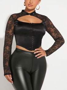 SHEIN SXY 蕾絲拼接前鏤空鉤眼扣前頭巾下擺短款上衣 - 黑色 - 查看 5