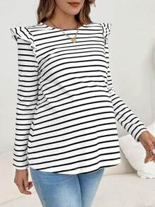 SHEIN Maternity Striped Print Button Back Ruffle Trim Tee - White - View 5