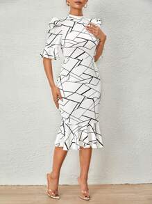 SHEIN Privé Đầm Viên lá sen Xù Hình học Tất cả trên in Thanh lịch - trắng - Xem 4