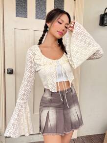 SHEIN Qutie Ruffle Trim Flounce Sleeve Knot Front Crop Blouse - Beige - View 3