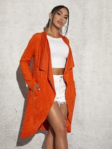 SHEIN SXY Cổ áo thác nước Mở Mặt trước áo - Màu Cam san hô - Xem 6