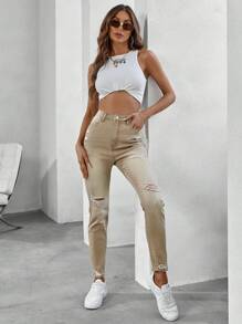 SHEIN EZwear Quần jean rách - Màu Khaki - Xem 6