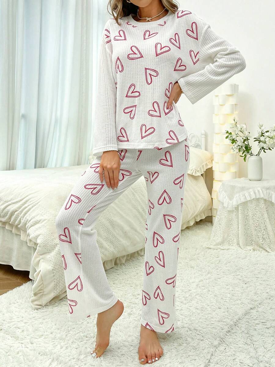Heart Print Drop Shoulder PJ Set - White - View 1