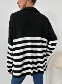 EURMUSE Striped Pattern Quarter Zip Drop Shoulder Sweater - Black and White - View 2