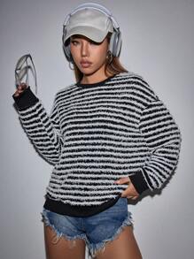 SHEIN Unity 條紋印花落肩袖運動衫 - 黑與白 - 查看 6