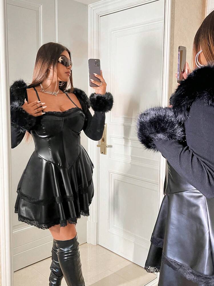 SHEIN ICON Plus Contrast Lace Patent Cami Dress Without Arm Sleeves - Black - View 6