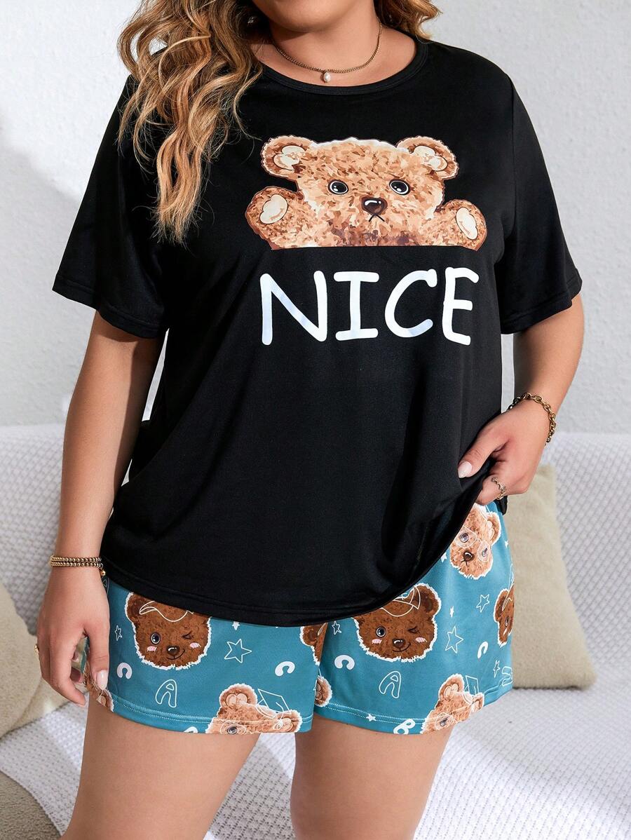 SHEIN Talla grande Conjunto de pijama con estampado de oso y letra - Multicolor - Ver 1