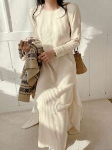 DAZY 實色肋紋針織毛衣連身裙 - 杏色 - 查看 4