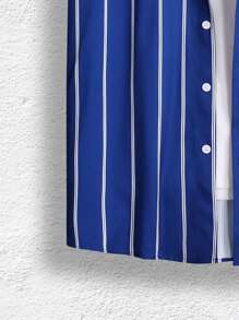 Manfinity Homme 男士条纹印花图案彩色休闲短袖衬衫不含 T 恤，可作为男朋友的礼物男士条纹衬衫皇家蓝色衬衫男士 - 藍色 - 查看 5