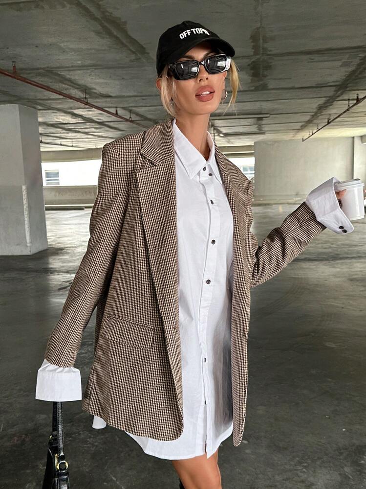 Siren Gaze Damen-Blazer mit Reverskragen und Hahnentrittmuster in Braun, Herbst/Winter, lässig kariert - Braun - Übersicht 2