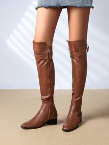 时尚靴子拉链粗跟高筒靴内外全皮透气吸汗长筒骑士靴中跟女靴户外装秋冬靴 - 棕色 - 查看 6