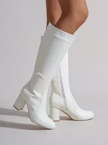 Botas altas de mujer de moda, botas largas casuales, zapatos de tacón grueso estilo británico, otoño/invierno - Blanco - Ver 3