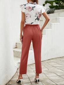 SHEIN Frenchy Floral Print Tie Neck Ruffle Trim Top & Belted Pants - Rust Brown - View 2