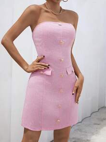 SHEIN Privé Vestido tubo con botón delantero con diseño de solapa - Rosa - Ver 5
