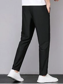 Men Letter Graphic Drawstring Waist Pants - Black - View 2