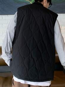 Manfinity Hypemode 1件男士寬鬆鈕扣背心棉絨夾克 - 黑色 - 查看 2