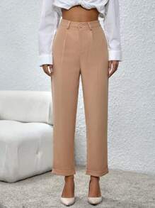 SHEIN Essnce Roll Up Hem Straight Leg Pants - Apricot - View 1