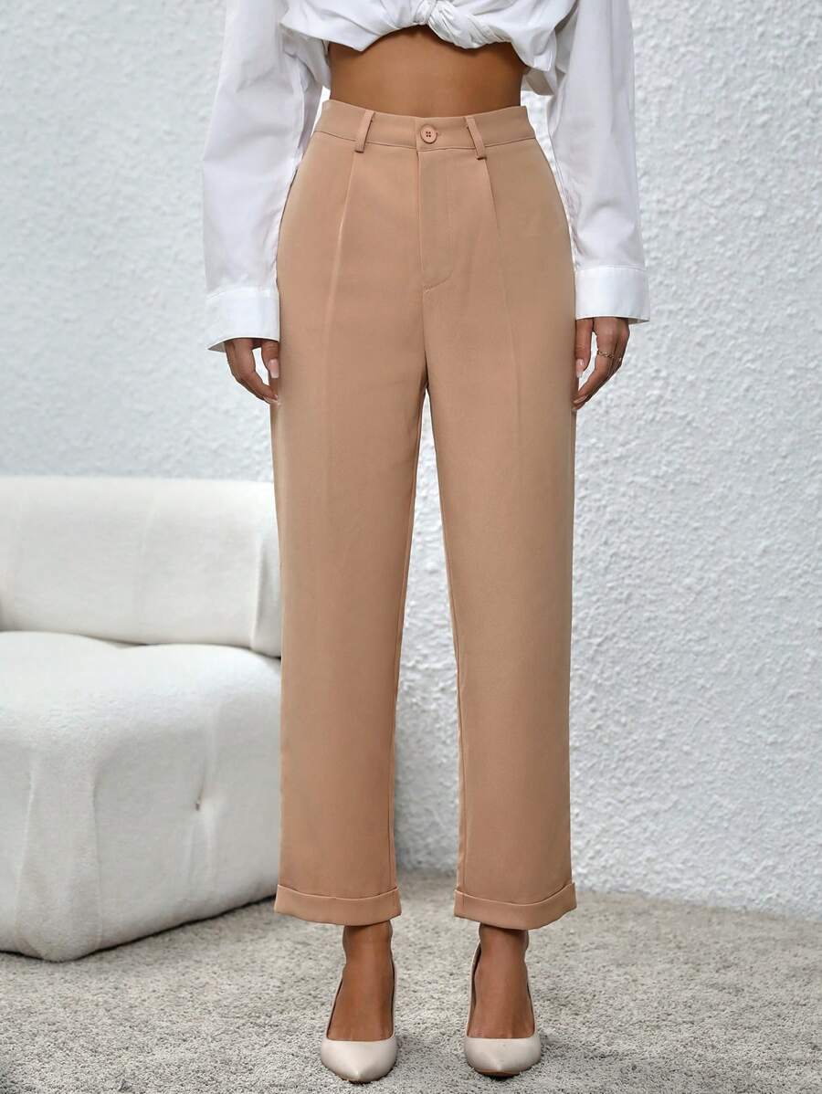 SHEIN Essnce Roll Up Hem Straight Leg Pants - Apricot - View 1