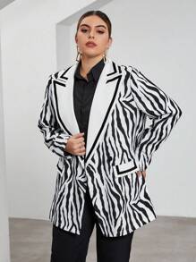 SHEIN Privé Plus Zebra Striped Print Lapel Neck Blazer - Black and White - View 4