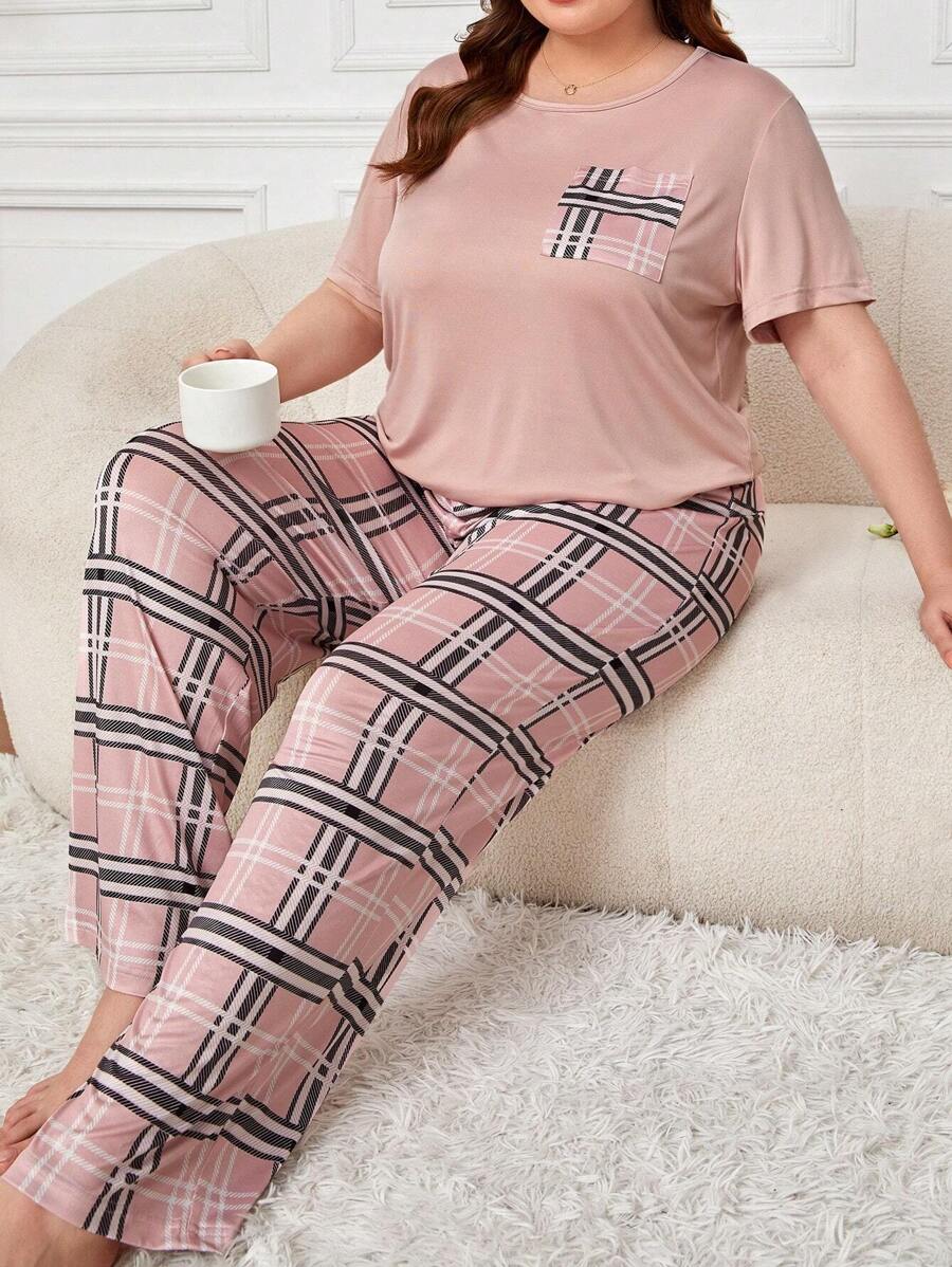 Plus Plaid Print Pocket Patched PJ Set / Pajama Set - Multicolor - View 1