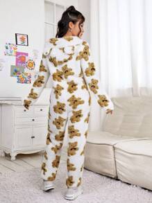 SHEIN EZwear Họa tiết gấu Thiết kế tai 3D áo có mũ Dây kéo mặt trước Flannel Áo liền quần - Nhiều màu - Xem 2